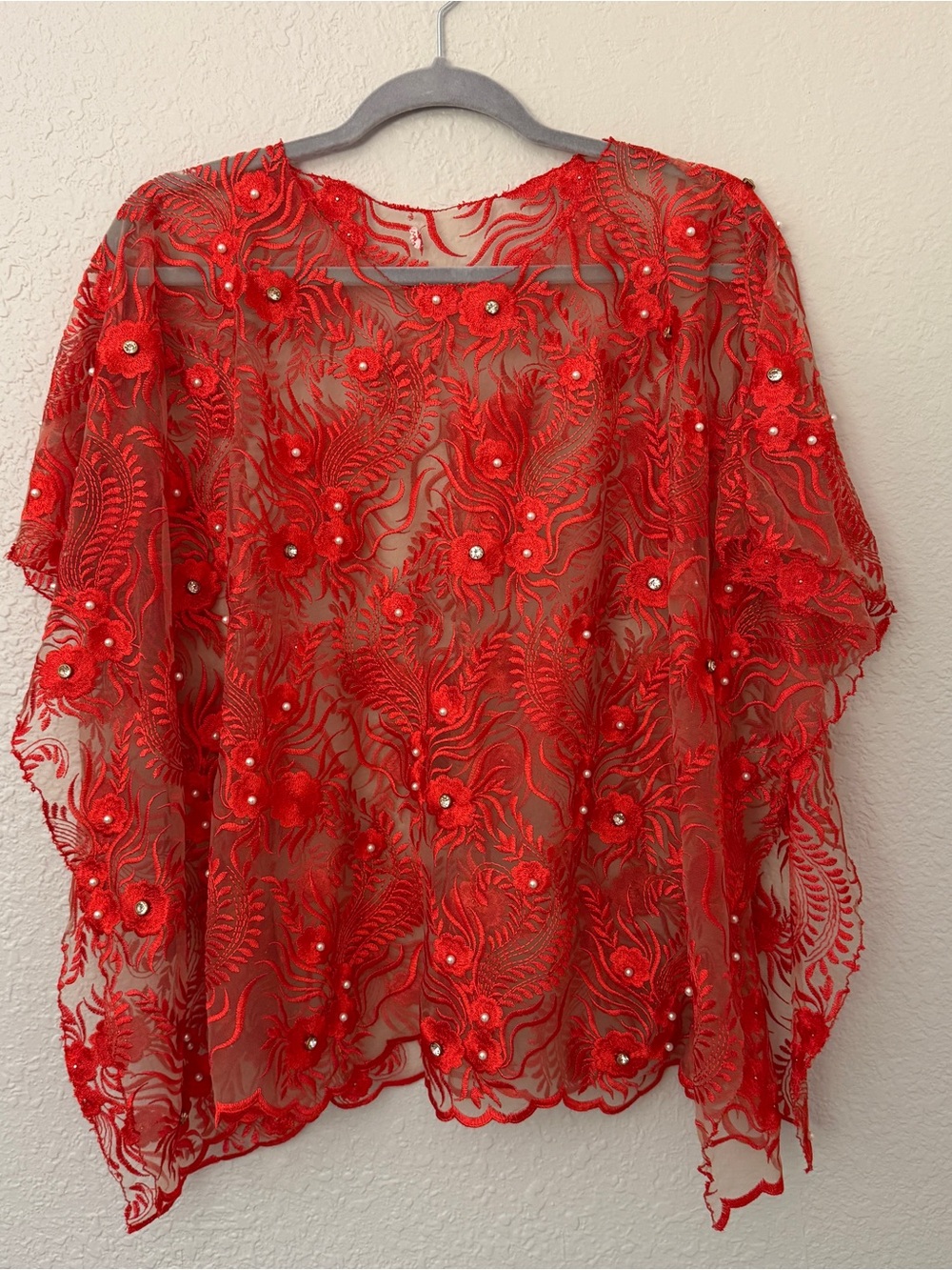 Vintage 1970s Semi-sheer Red Embroidered Lace Kaftan Top with Floral Appliqué